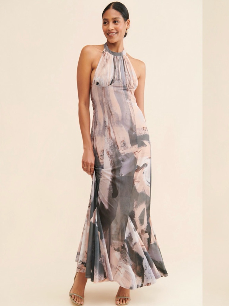 Sleeveless Halter Maxi Dress In Blush Gray Abstract Print